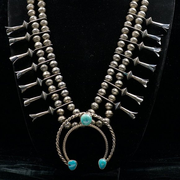 Vintage Native American Sterling Silver, Turquoise Squash Blossom, Unsig… - Picture 1 of 5